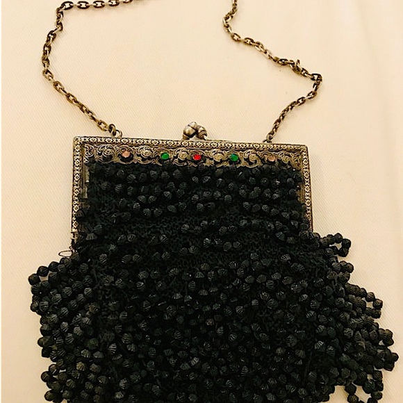 Flapper beaded black purse with Rhinestone silver frame &chain - Picture 3 of 6